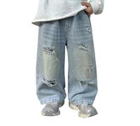 Baggy Jeans da Ragazzo Pantaloni Gamba Dritta Loose Fit Larghi in Vita Elastica Estivi Ragazzi Strappato Denim Lavato Y2K Hip Hop Moda Casual Streetwear Cowboy a