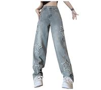 Baggy Jeans Donna, Jeans Donna Vita Alta Elasticizzati Gamba Larga Jeans Gotico Baggy Denim Pantaloni a Vita Alta Punk Sciolti Diritti Streetwear Jeans Neri Donna per Ogni Occasione