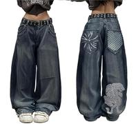 Baggy Jeans Women Men Hip Hop Goth Street Y2k Jeans with Skeleton Print Vintage High Waist Denim Wide Leg Pants Street Wear(Color-3,Small)