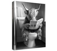 Bagno Bovini 3D Quadri Moderni Quadro Moderno Stampa su Tela Con Cornice Mucca delle Highlands che Legge il Giornale in Bagno Pittura Immagine Quadri su tela Decorazioni da Parete Toilette WC 40x60cm