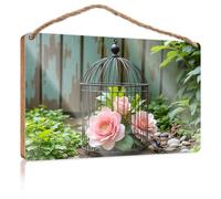 Bagno Legno Appeso Segno Fiori Decorazione In Una Gabbia per Uccelli, Segno di Legno Cortile Decorazione Stanza (15 x 28 cm)