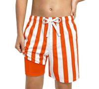 Bagno per Bambini e Bambine, Pantaloncini Spiaggia a Righe Bicolore con Tasche in Rete, Elastico in Vita, Protezione Solare UPF 50 Plus, Leggeri e Traspiranti per L'Estate, (Orange-B, 7-8 Years)