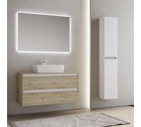 Bagno sospeso 100cm lavabo con base doppio cassettone e specchiera CUBE1 Quercia