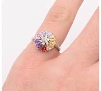 Baguette Colorato Arcobaleno Fiore Stile Rotondo Zirconi Anello Vero Argento 925