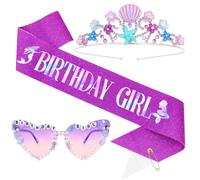 BAHABY Set di costume da sirena viola per compleanno ragazza, diadema con conchiglie, occhiali da sole a forma di cuore e fascia glitterata per ragazza di compleanno