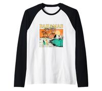 Bahamas Estate Spiaggia Tramonto Palma Vintage Retro Maglia con Maniche Raglan