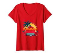 Bahamas Mama Tropical Paradise Beach Vacanza Maglietta con Collo a V, Donna, Rosso, L