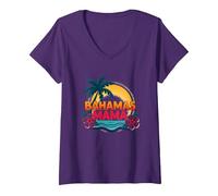 Bahamas Mama Tropical Paradise Beach Vacanza Maglietta con Collo a V, Donna, Viola, S