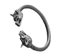 bahamut Bracciale rigido da uomo con testa di lupo, stile vichingo, bracciale aperto, gioielli regolabili in acciaio inossidabile, regalo norreno, Misura unica, Acciaio inossidabile