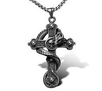 bahamut Collana da uomo con ciondolo a forma di teschio e drago, in argento, stile gotico, con catena in acciaio inox, 25x1.37x1.69in, Acciaio inossidabile, Non pietra preziosa
