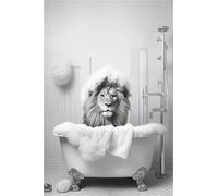 Baibexing Divertente Animale Leone Nella Vasca Da Bagno Bagno Di Bolle Nero Bianco Arte Murale Poster Stampe Tela Moderna Pittura Bagno Casa Decorazione Da Parete 30X40Cm Senza Telaio