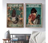 Baibexing Poster Con Citazione Di Ragazza Gatto Retrò Che Legge Un Libro, Stampe Su Tela, Quadri Da Parete Per La Decorazione Della Stanza. 60X80Cmx2Pcs Senza Telaio