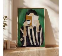 Baibexing Stampa Su Tela Con Donna A Strisce Verdi Che Legge E Beve Caffè, Poster Da Parete Astratto Con Donna Sdraiata, Arredamento Moderno Per La Casa, Formato A2 60X90Cm Senza Telaio