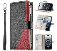 BaiFu Custodia a portafoglio per Realme C11 2021, 6 scomparti per carte di credito, tasca con cerniera, chiusura magnetica, cavalletto con cinturino da polso-Nero