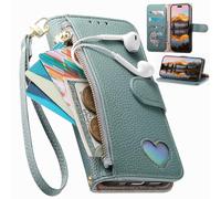 BaiFu Custodia a portafoglio per vivo V70 5G/S50 5G, Chiusura con cerniera, porta carte, copertina con motivo Love, Tasca per borsa in pelle PU per vivo V70 5G/S50 5G-Verde