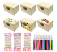 BAIFULAI Mini scrigno del tesoro in legno, 6 pezzi, per il compleanno dei bambini, con coperchio e adesivo e penna ad acquerello in 12 colori, scatola rettangolare in legno per feste pirata