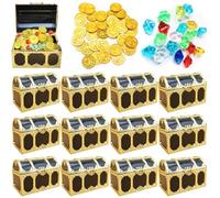 BAIFULAI Set di 12 mini scrigno del tesoro, in plastica, con 12 pietre preziose per bambini e 12 monete d'oro, scrigno del tesoro per conservare e decorare, regalo per bambini