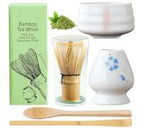 BAIFULAI Set di 5 fruste Matcha, Matcha, ciotola in ceramica, cucchiaino, porta frusta, accessorio giapponese per cerimonia matcha (bianco)