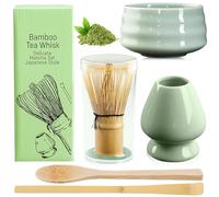 BAIFULAI Set di 5 fruste Matcha, Matcha, ciotola in ceramica, cucchiaino, porta frusta, accessorio giapponese per cerimonia matcha (verde)