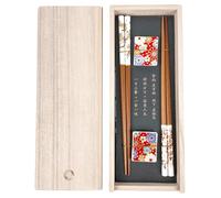 BAIFULAI Set di bacchette per sushi, 2 paia di bacchette in legno con sottobicchieri in ceramica a fiori di ciliegio, scatola in legno premium, bacchette sostenibili giapponese cinese coreano