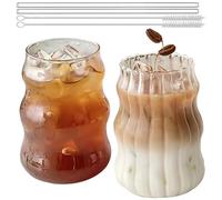 BAIFULAI Set di Bicchieri a Coste - 2 da Acqua Ondulati da 530 ml Con 2 Cannucce e Spazzola di Paglia - per Caffè Freddo e Bevande