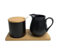 BAIFULAI Set latte e zucchero con coperchio e cucchiaio, bricco per latte in ceramica nera e zuccheriera con vassoio in legno, set di zucchero e latte, in ceramica, contenitore per latte