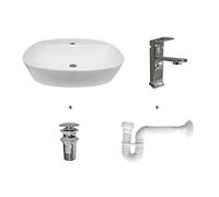 BAIKAL Confezione soluzione per bagno con lavabo e accessori. Include: lavabo in ceramica, rubinetto, sifone estensibile e valvola di scarico con troppopieno. Facile installazione, istruzioni incluse