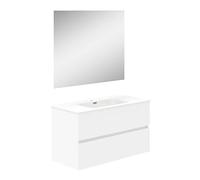 Baikal Mobile da bagno a due cassetti, sospeso a parete con lavandino. Melamina 16. Mobile montato. Mobile da 100 cm bianco con specchio luna liscia