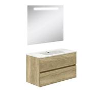 Baikal Mobile da bagno a due cassetti, sospeso a parete con lavandino. Melamina 16. Mobile montato. Mobile da 100 cm Nature con specchio con luce LED