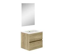 Baikal Mobile da bagno a due cassetti, sospeso a parete con lavandino. Melamina 16. Mobile montato. Mobile da 60 cm Nature con specchio Luna Lisa