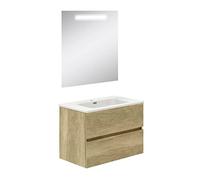 Baikal Mobile da bagno Due cassetti, sospeso alla parete con lavabo. Melamina 16. Mobile montato. Mobile da 70 cm Nature con specchio con luce LED