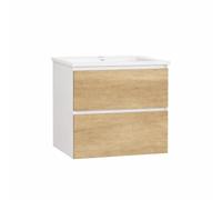 Baikal Mobile da bagno Lia. Mobile montato. 2 cassetti sospesi con lavabo in ceramica. Armadio da bagno. Chiusura ammortizzata. Altezza 64 cm. 60 cm. Bianco - Nature