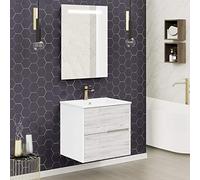 Baikal Set di mobili da bagno Gavin, 60 cm, 2 cassetti, sospeso a parete, con lavabo in ceramica e specchio con illuminazione a LED, finitura argentata.