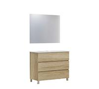 Baikal Set di mobili da bagno Neo con specchio luna liscia, tre cassetti o due porte, mobile con gambe. Varie finiture e misure. Melamina 16 mm. Mobile montato. 3C 90 Nature