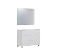 Baikal Set di mobili da bagno Neo con specchio luna liscia, tre cassetti o due porte, mobile con gambe. Varie finiture e misure. Melamina 16 mm. Mobile montato. 3C 100 Bianco