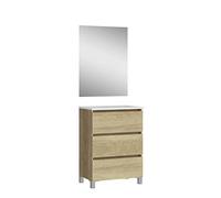 Baikal Set di mobili da bagno sospeso a parete con fondo ridotto, con lavabo e specchio, tre cassetti, misure da 50 cm Nature