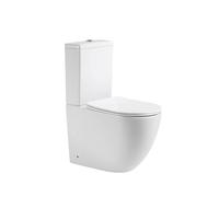 BAIKAL WC in ceramica T5. WC compatto a pavimento con sistema Rimless e cisterna monoblocco con meccanismo a doppio scarico. Sanitario completo con doppia uscita e sedile con caduta ammortizzata.