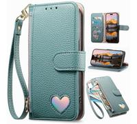 BAILI Custodia a portafoglio con cerniera per vivo V70 5G/S50 5G, Tasca con Chiusura magnetica, cinturino da polso, Cover con motivo Love per vivo V70 5G/S50 5G-Verde