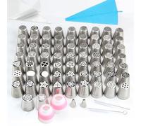 Baipesiy Confezione da 82 beccucci grandi a forma di fiore russo per decorare torte, in acciaio inox, con 65 beccucci grandi a forma di fiore, 2 foglie, 2 convertitori, 2 pennelli, 1 silicone, 10