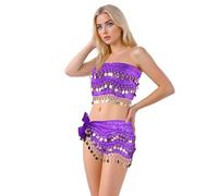 Baisdan - 2 Pezzi Cintura Danza del Ventre, Danza del Ventre Gonna di Avvolgente con Monete d'oro Gonna per Zumba i Yoga Latino Latino, 2 Pezzi, Viola