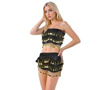 Baisdan - 2 Pezzi Cintura Danza del Ventre, Danza del Ventre Gonna di Avvolgente con Monete d'oro Gonna per Zumba i Yoga Latino Latino, 2 Pezzi, Nero