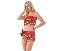 Baisdan - 2 Pezzi Cintura Danza del Ventre, Danza del Ventre Gonna di Avvolgente con Monete d'oro per Zumba i Yoga Latino Latino, 2 Pezzi, Rosso