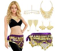 Baisdan 7 Pezzi Cintura e Sciarpe di Danza del Ventre Set, con Orecchini, Collana, Braccialetti, Copricapo a Monete d'oro, per Halloween, Carnevale, Spettacoli Viola