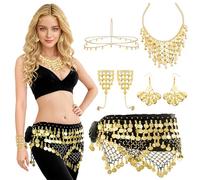 Baisdan 7 Pezzi Cintura e Sciarpe di Danza del Ventre Set, con Orecchini, Collana, Braccialetti, Copricapo a Monete d'oro, per Halloween, Carnevale, Spettacoli Nero