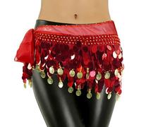 Baisdan - Cintura per Danza del Ventre, Gonna Avvolgente Con Monete d'oro di Paillettes Scintillanti per Spettacoli, Lezione di Yoga, Rosso