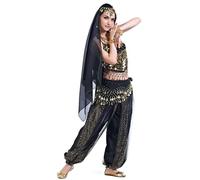 Baisdan Costume da donna per danza del ventre, top harem, sciarpa, foulard, set per carnevale, Halloween, abbigliamento professionale, Nero , Taglia unica