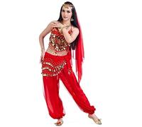 Baisdan Costume da donna per la danza del ventre, set con top, pantaloni harem, sciarpa per i fianchi, foulard per la testa, outfit professionale per Carnevale e Halloween, Rosso, Taglia unica