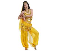 Baisdan Costume da donna per la danza del ventre, set con top, pantaloni harem, sciarpa per i fianchi, foulard per la testa, outfit professionale per Carnevale e Halloween, Giallo, Taglia unica