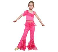 Baisdan Costume Danza del Ventre Ragazze 9-10 anni - Set Principessa Araba con Stile Indiano per Halloween, Carnevale e Feste a Tema, Rosa rossa