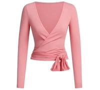 Baisdan Donne Pilates Wrap Top Manica Lunga Balletto Yoga Top Deep V Neck Tie Front Allenamento Camicie Y2K Gym Activewear, rosa, M
